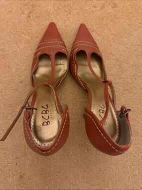 BCBG Pointed T-Strap Slingback Heels in Rust Brown